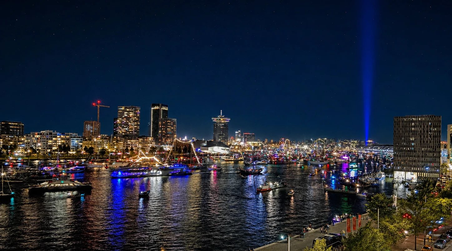Boats on the IJ in front of the Amsterdam skyline at night